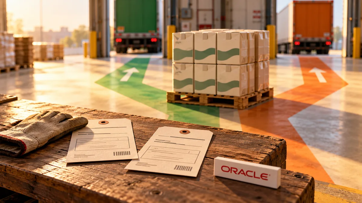Editorial illustration of warehouse dispatch choices, a pallet of cartons, green and orange delivery routes and an Oracle identifier.