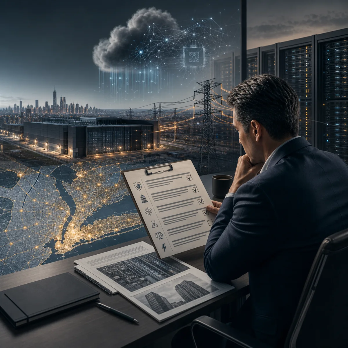 Business owner reviewing AI infrastructure and data center capacity risks on a modern planning table.