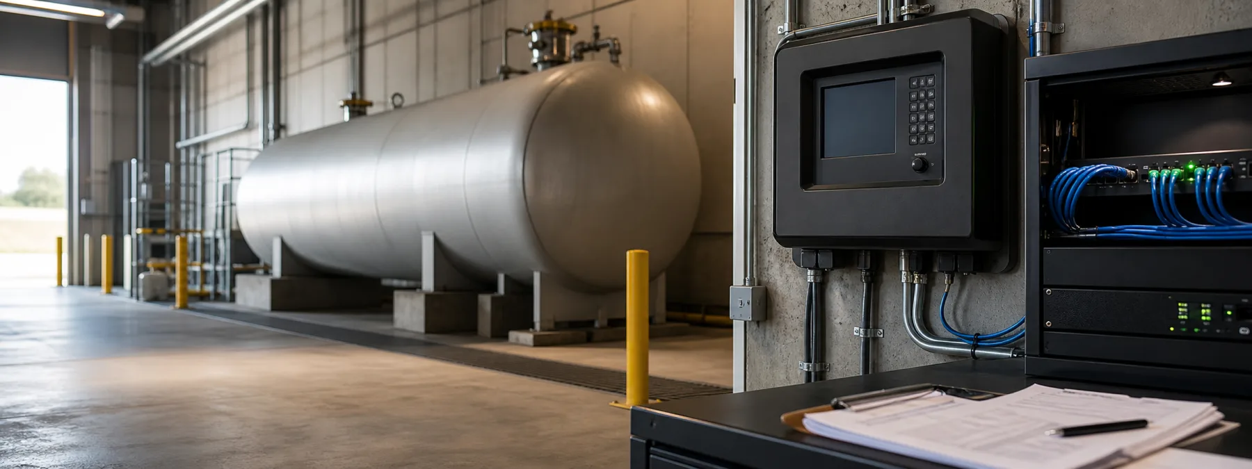 Editorial image of a fuel tank gauge and network equipment being reviewed for internet exposure and segmentation.