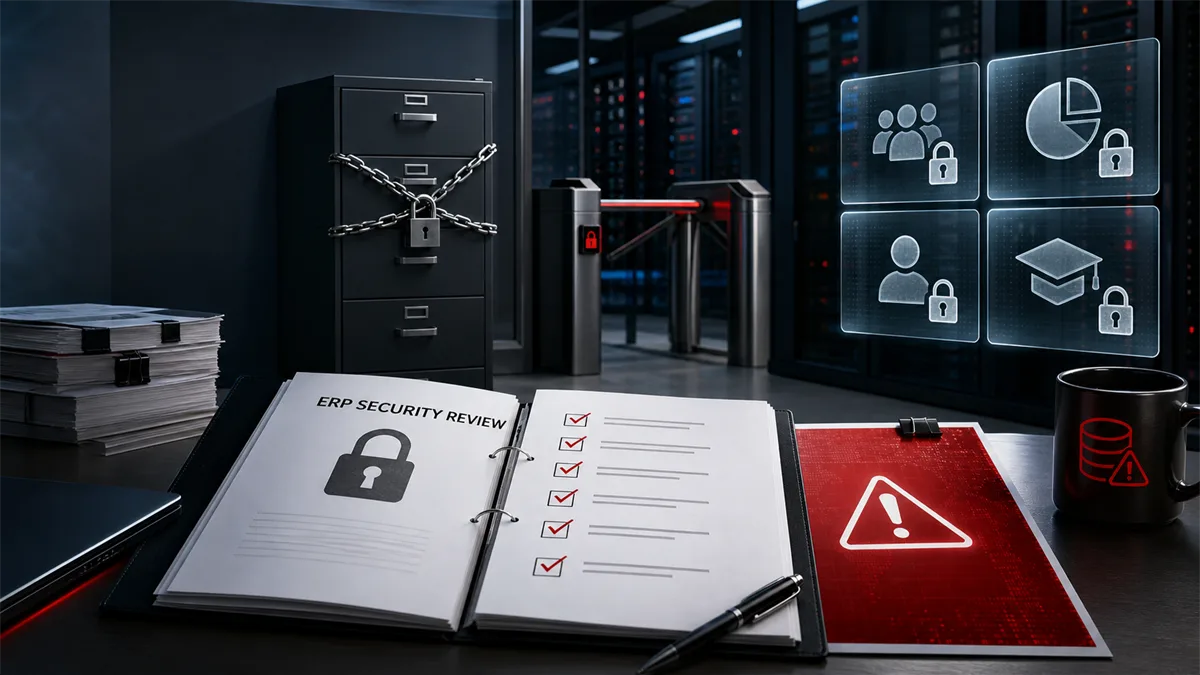 Redaktionelt billede af en ERP-godkendelsesmappe under sikkerhedsgennemgang efter en Oracle PeopleSoft zero-day-advarsel.