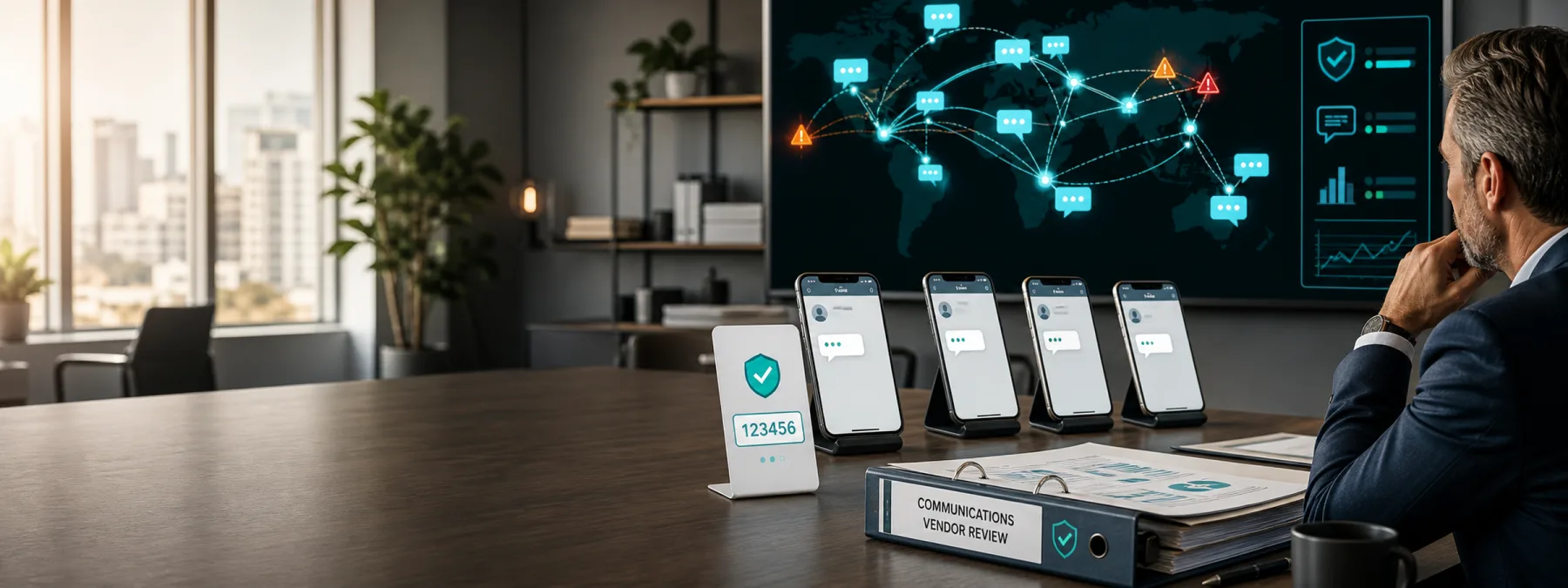 Business messaging fraud review showing customer text alerts, one-time passcodes, and monitoring controls on a professional operations desk