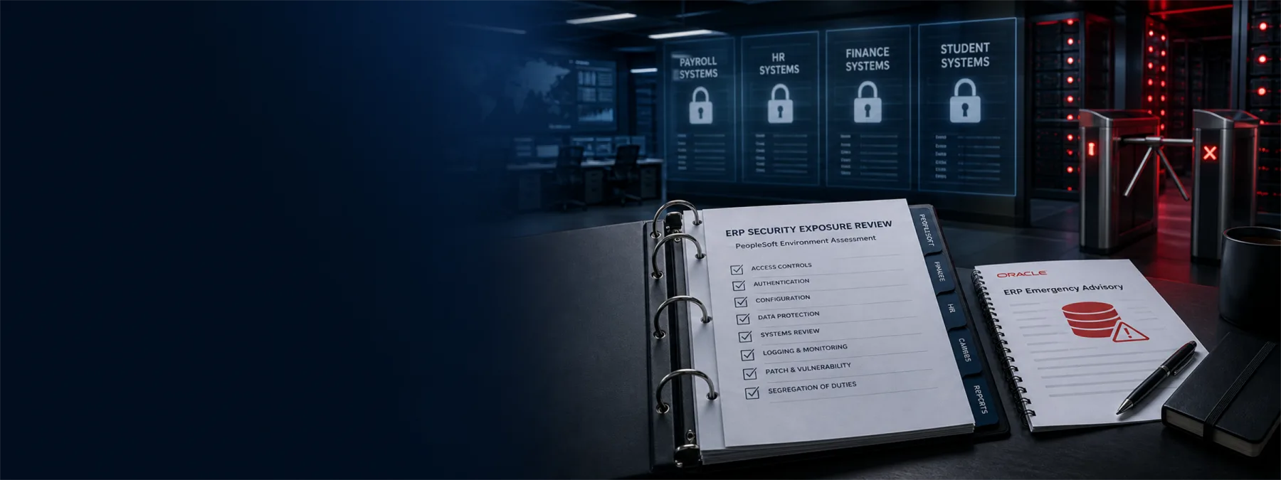 Editorial image showing an ERP system approval folder under security review after an Oracle PeopleSoft zero-day alert.