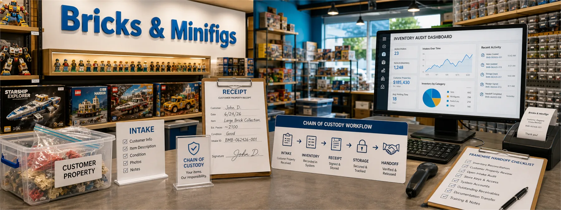 Editorial image showing Bricks & Minifigs signage, boxed toy bricks, inventory records, and a business owner reviewing custody documentation