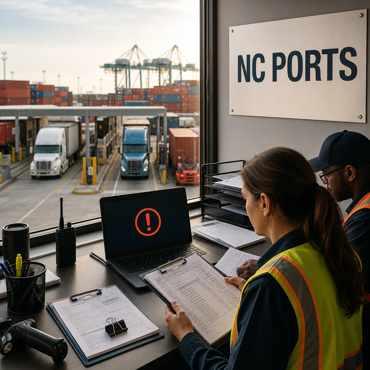Editorial image of a port logistics operations desk during a cyber-related shipping delay and continuity review.