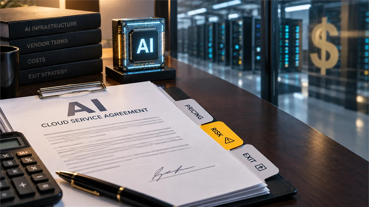 Business owner reviewing an AI vendor contract with data center financing and cloud infrastructure signals in the background.