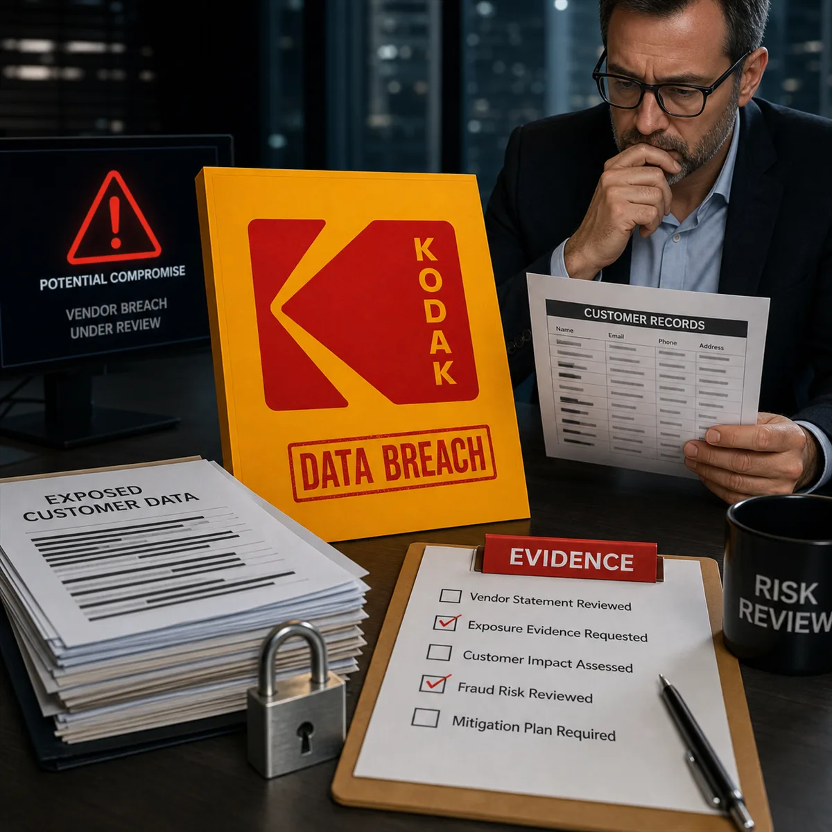 Business owner reviewing customer exposure evidence after a vendor data breach claim.