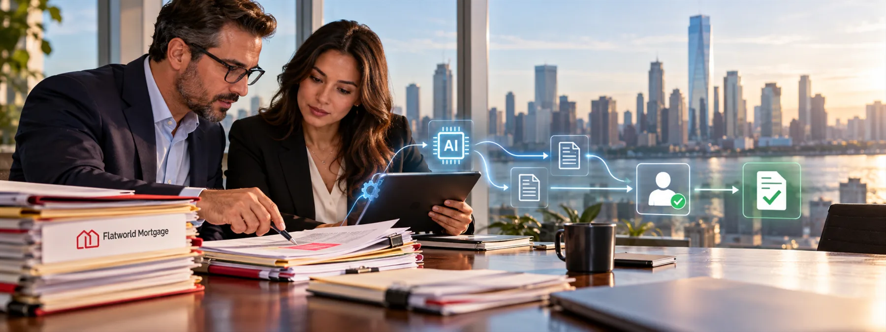 Editorial image of a New Jersey business owner reviewing AI workflow checkpoints and human approval records in a regulated mortgage operations file.