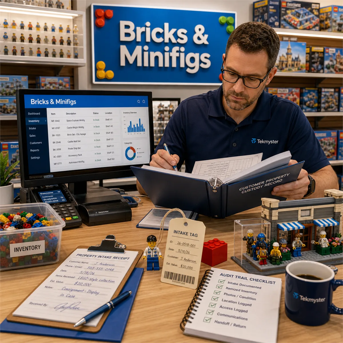 Editorial image showing Bricks & Minifigs signage, boxed toy bricks, inventory records, and a business owner reviewing custody documentation