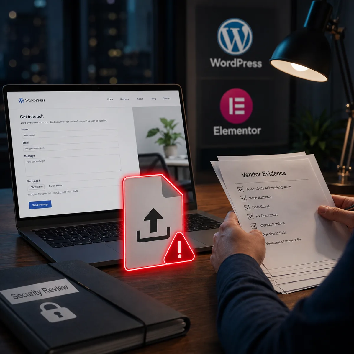 Editorial image of a WordPress website form under security review, with plugin icons, uploaded-file warnings, and a business owner reviewing vendor evidence.