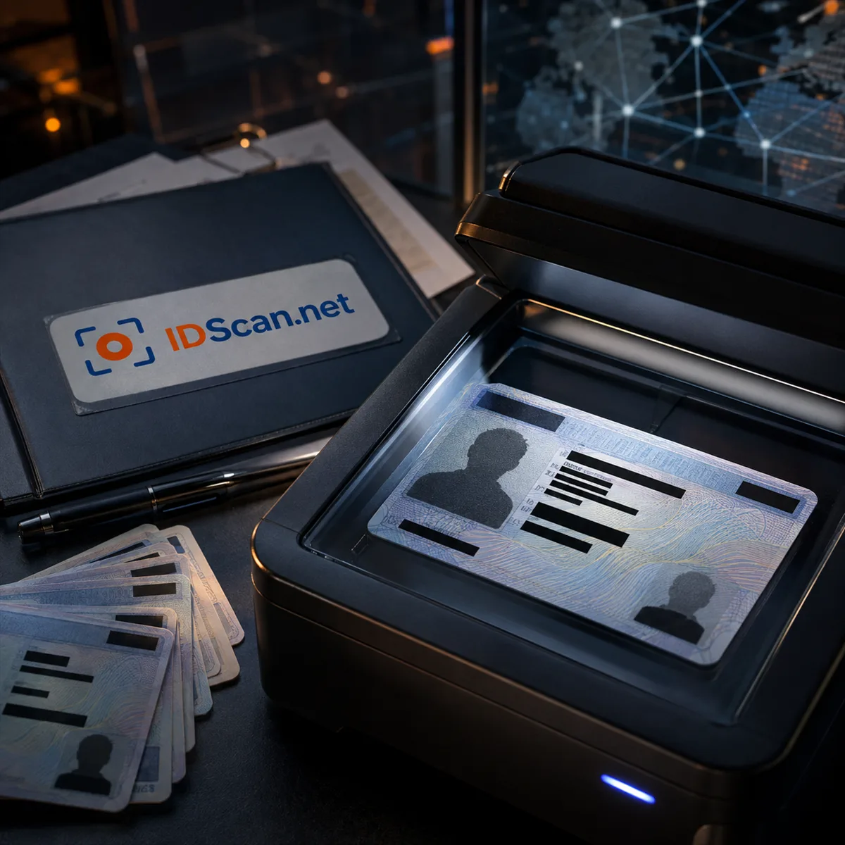 Editorial image of identity documents, a verification scanner, and a vendor risk review interface suggesting ID scan retention risk.