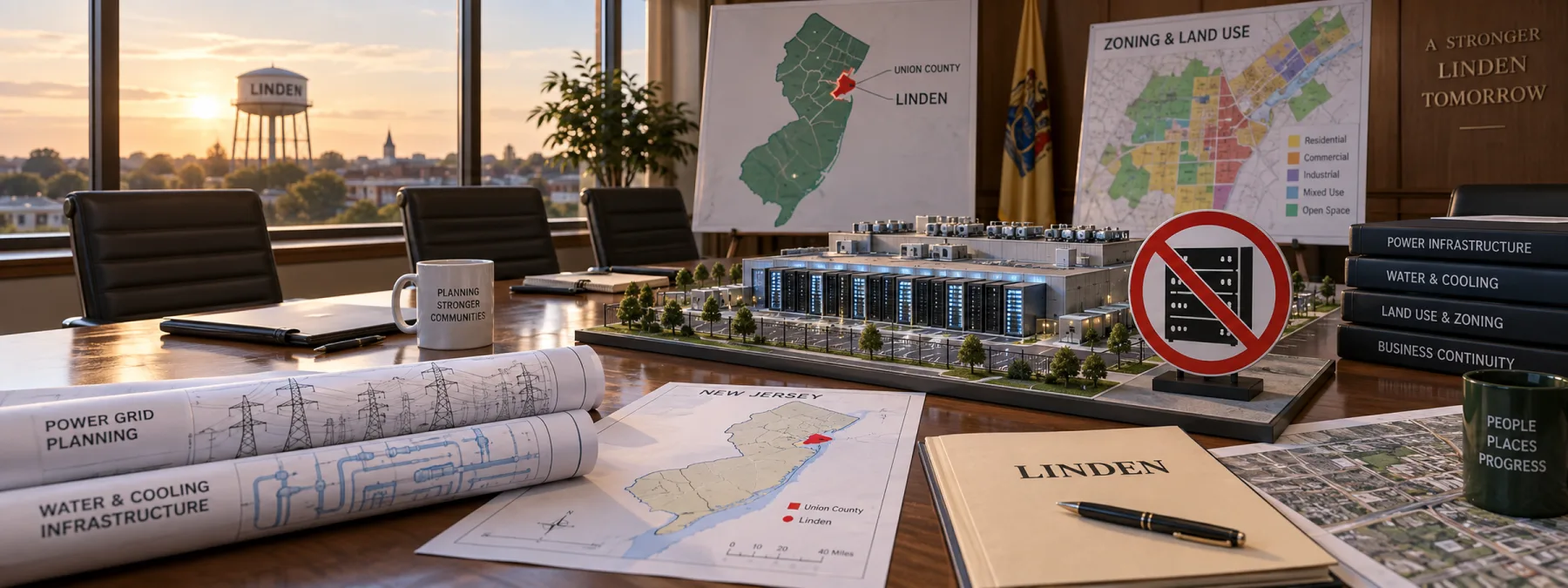 Editorial image of New Jersey business leaders reviewing AI cloud infrastructure, power planning, and data center zoning impacts.