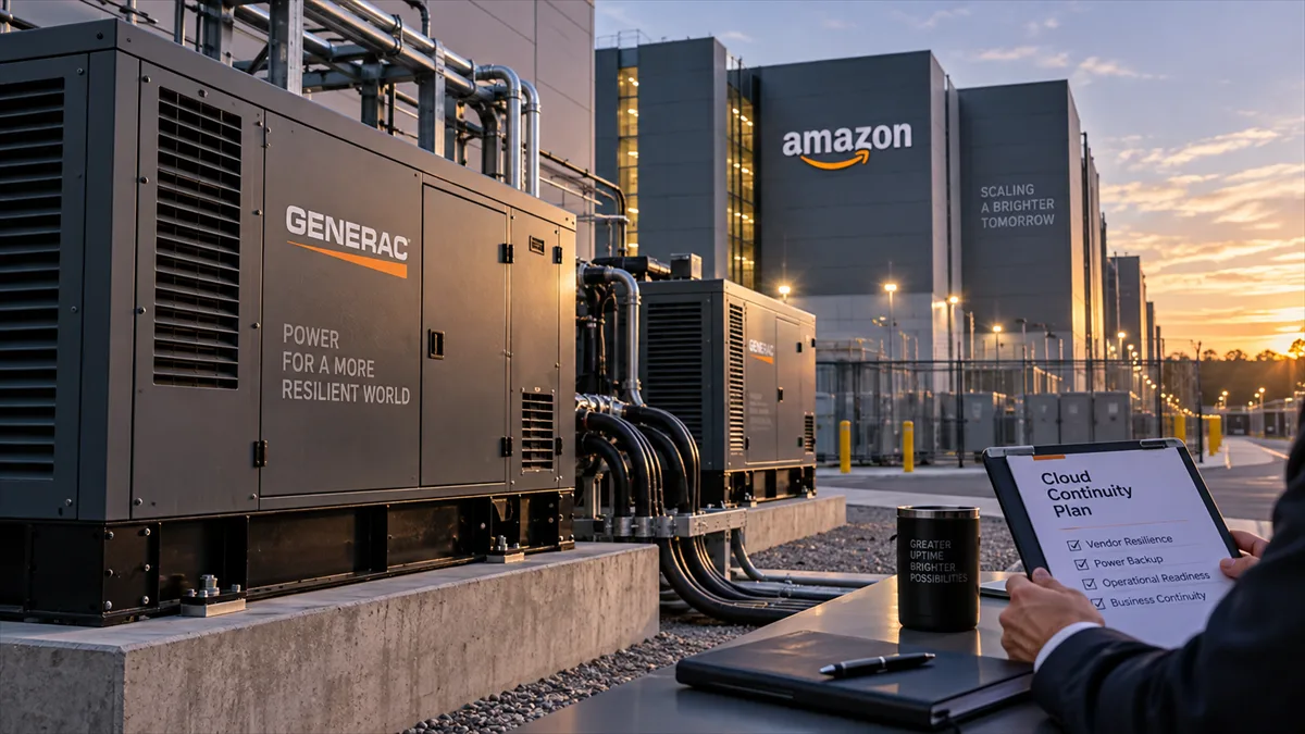 Editorial image showing Amazon-scale data center backup power and business cloud continuity planning.