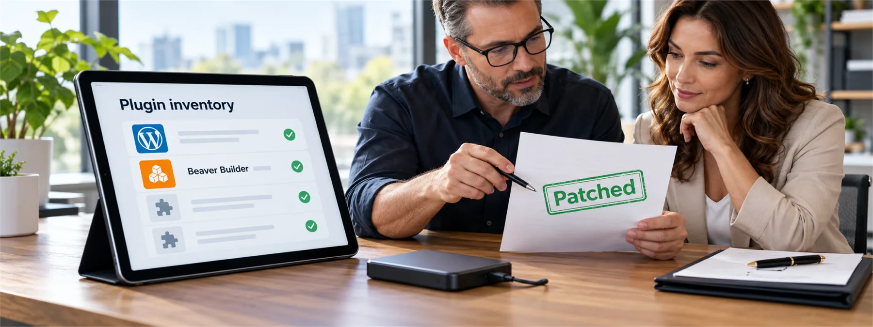 A business owner reviews a WordPress website plugin inventory with a highlighted Beaver Builder patch record.
