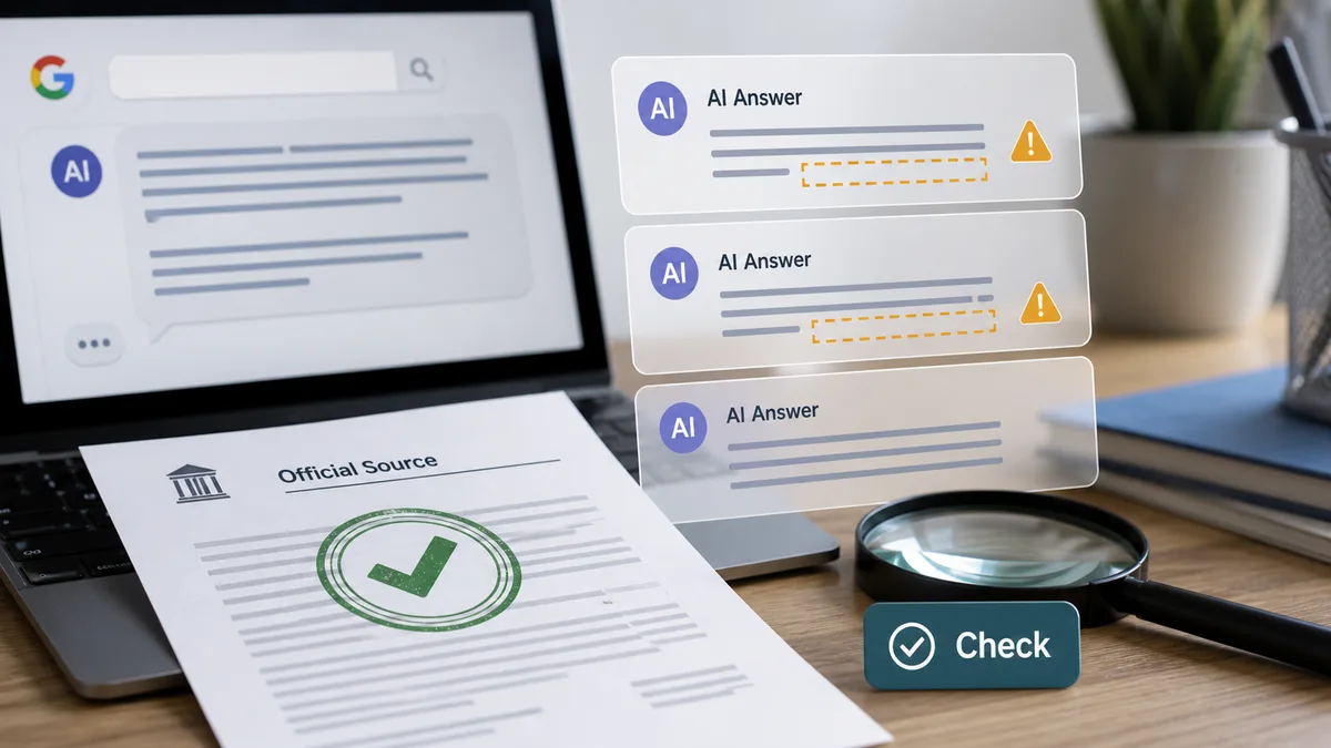 Editorial image showing a business team reviewing AI-generated public information against an official source document.