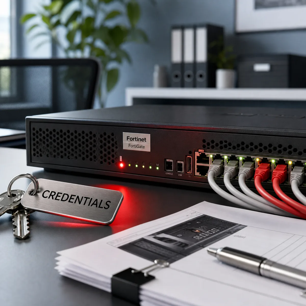 Editorial image showing a business firewall and VPN credential review with provider evidence, access logs, and remediation notes.