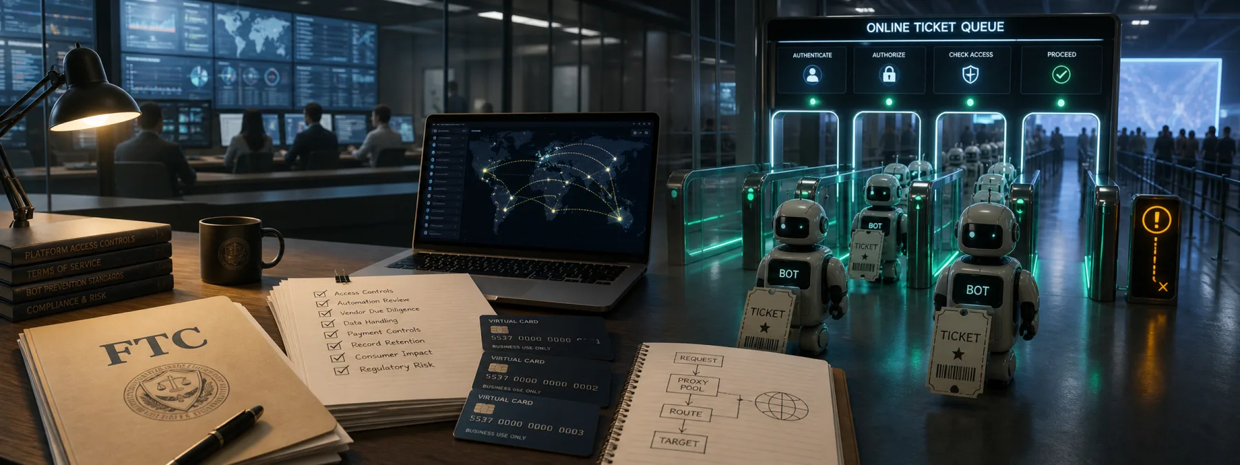 Editorial image about FTC ticket-bot enforcement and business automation controls