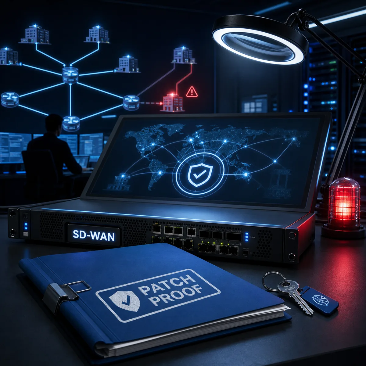 Editorial image of a Cisco SD-WAN network management console under security review with patch evidence and access controls visible.
