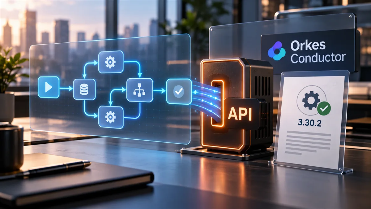 Editorial image of a business owner reviewing workflow automation API exposure and patch evidence for Orkes Conductor.