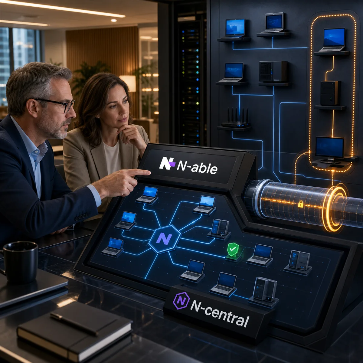 Editorial image of a managed IT remote access dashboard under review after an RMM security hotfix.