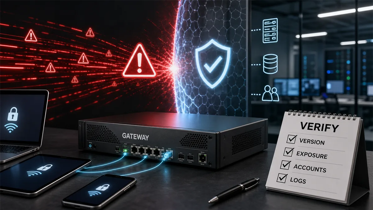 Editorial image of an exposed mobile gateway appliance under attack while a business owner reviews patch evidence and compromise checks.
