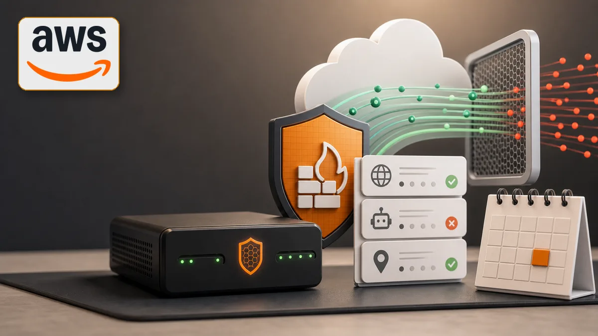 Editorial cloud security artwork showing AWS WAF and Shield DDoS protection moving through a migration calendar.