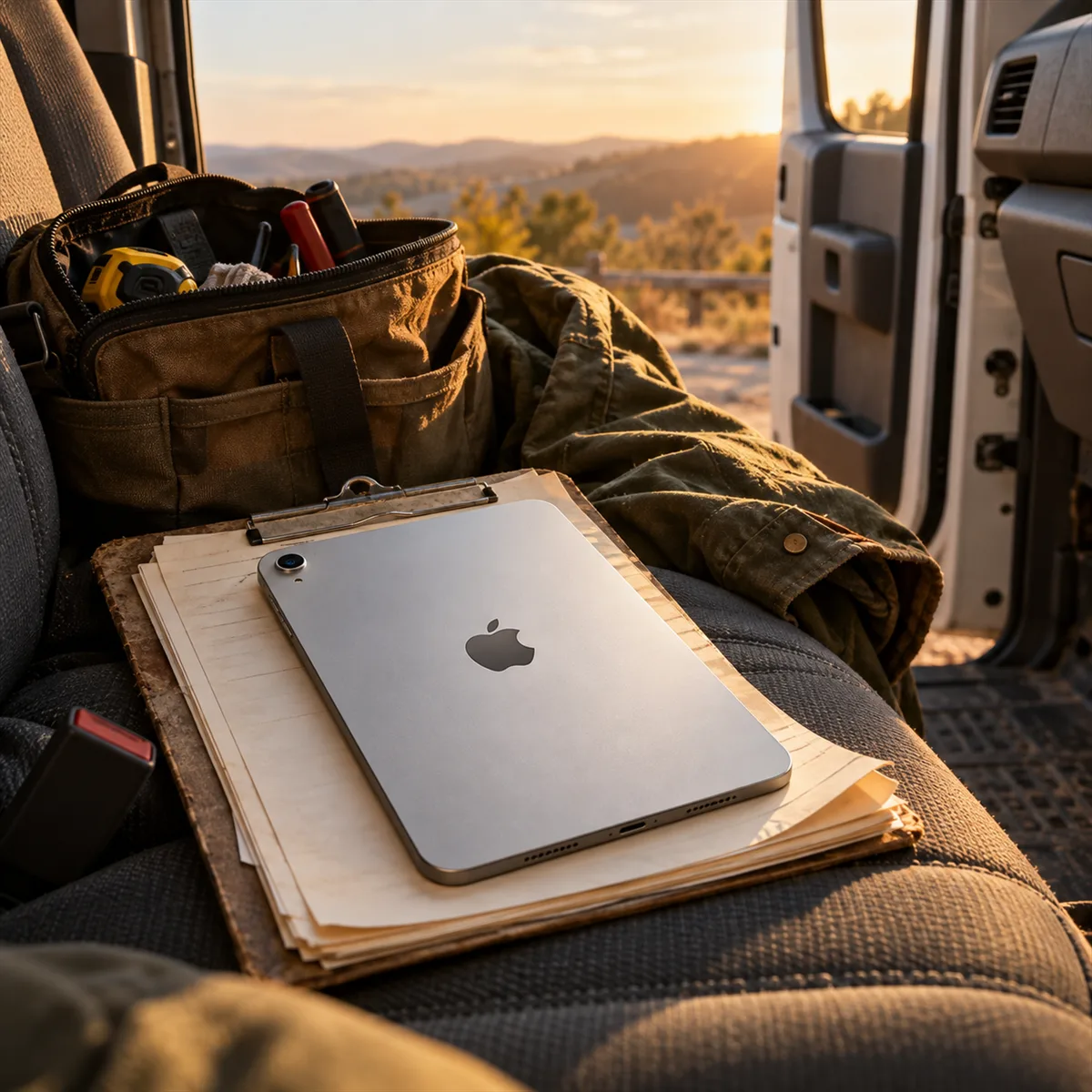 Editorial illustration of an Apple tablet and a clipboard used for field-service paperwork.