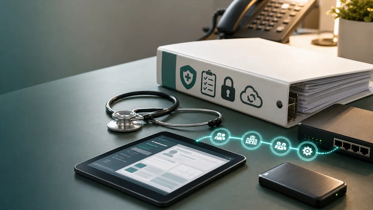Healthcare practice owner reviewing vendor risk and continuity evidence beside EMR and billing system signals