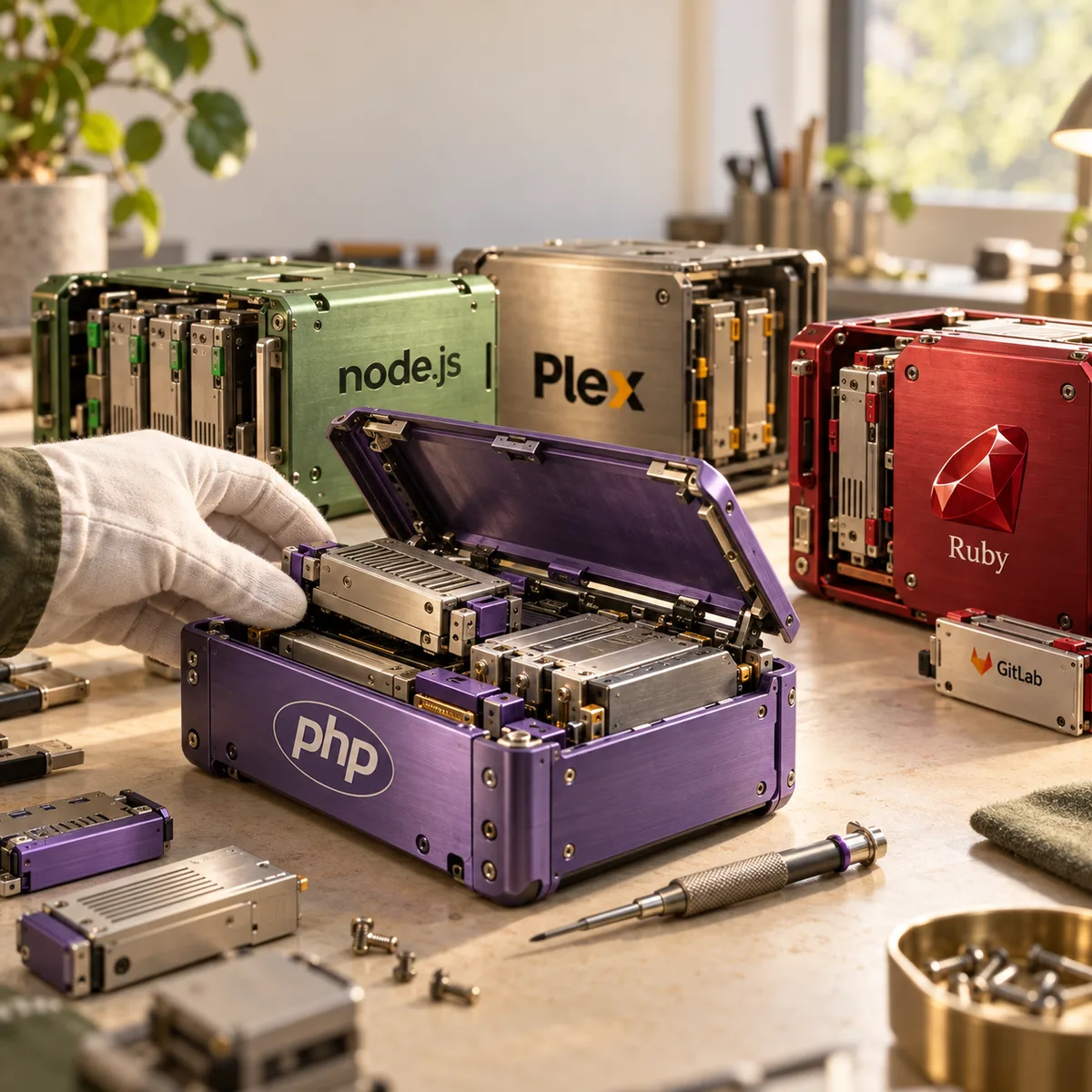 Editorial illustration of PHP, Node.js, Plex and Ruby software components undergoing a dependency repair on a workbench.