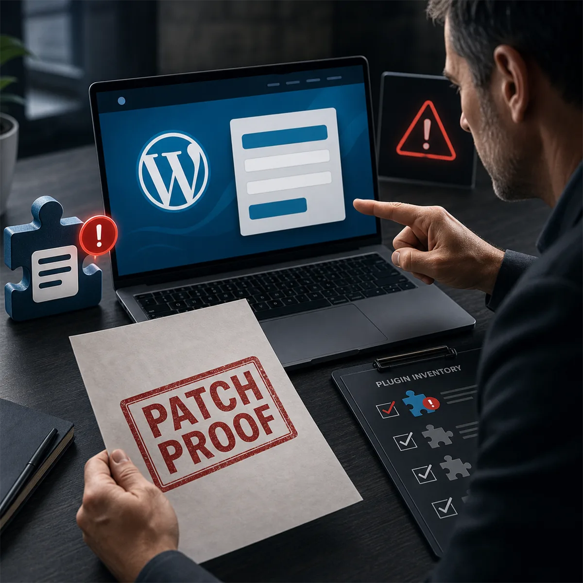 Business owner reviewing WordPress website plugin patch proof and admin account risk.