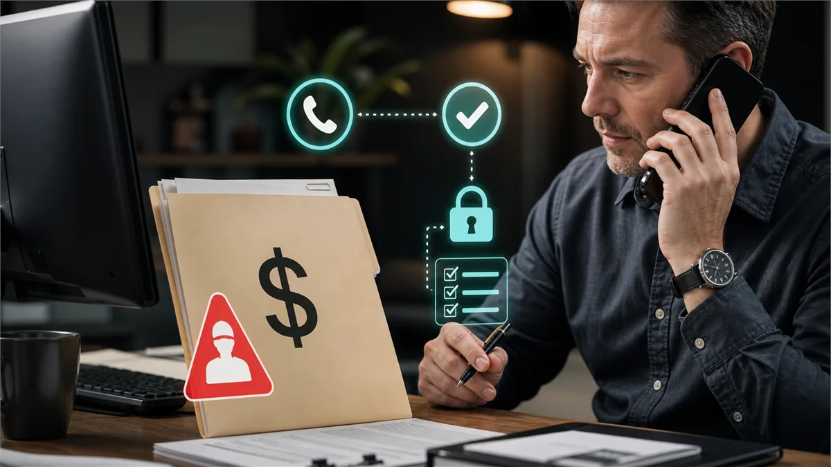 Editorial image of a business owner verifying an urgent payment request before money leaves the company.