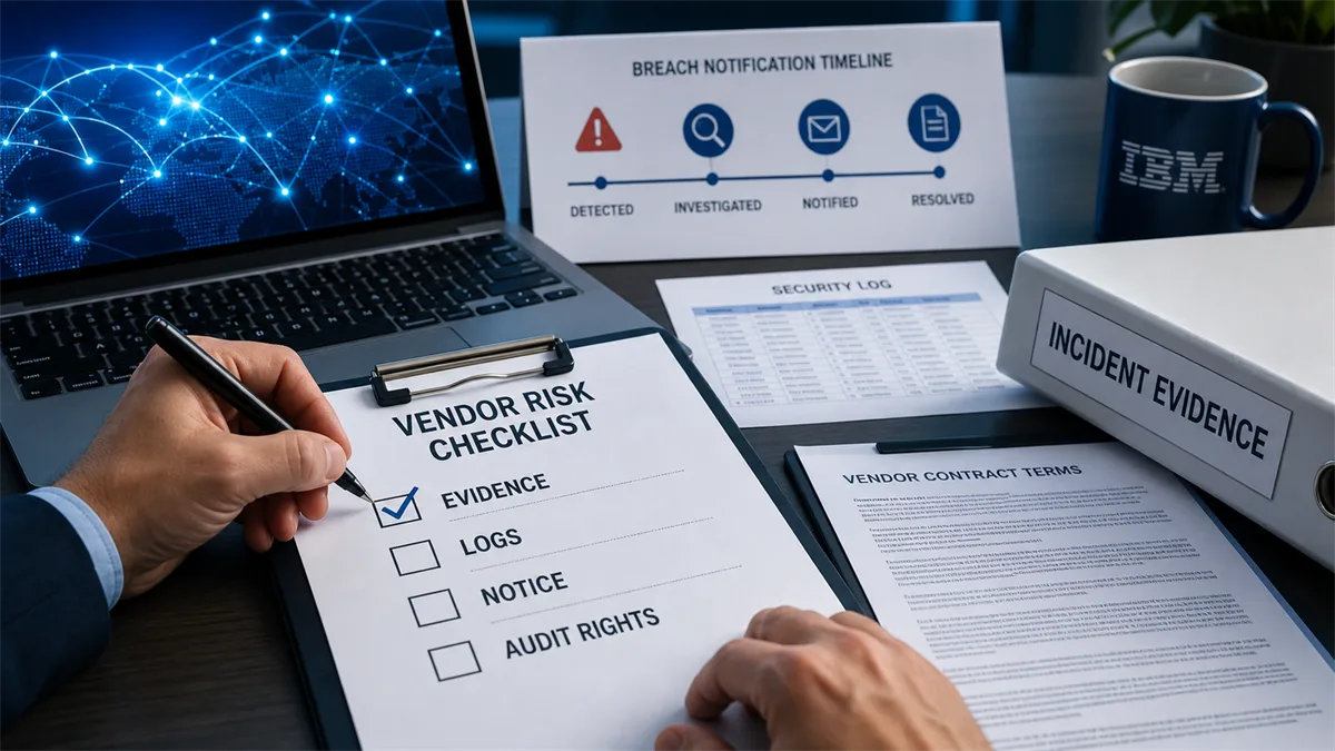 Business owner reviewing vendor incident response evidence beside abstract IBM and telecom infrastructure visuals.