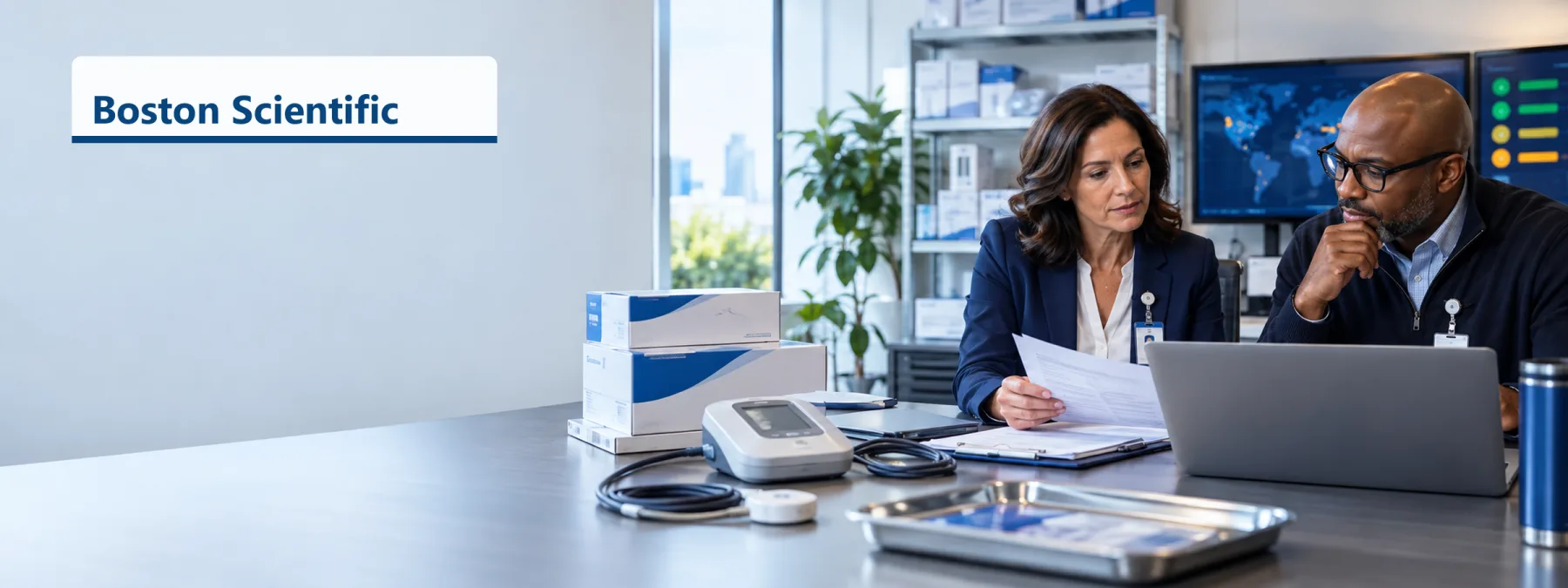 Editorial image of a healthcare operations desk reviewing vendor cyber recovery evidence, remote monitoring status, and medical device supply chain continuity.
