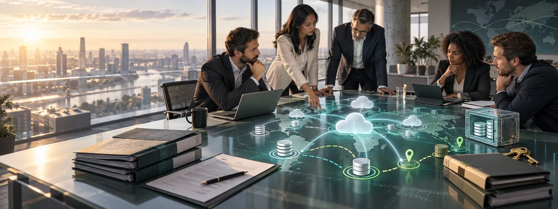 Editorial image of business leaders reviewing a cloud dependency map and vendor exit plan for digital sovereignty.