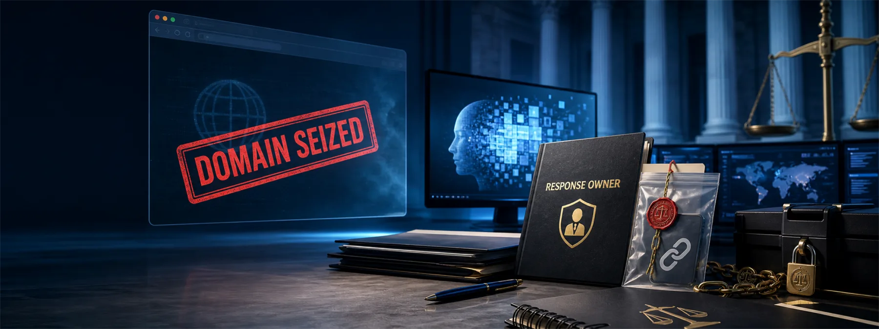 Editorial image of a DOJ-style domain seizure notice and response checklist for a deepfake takedown incident.