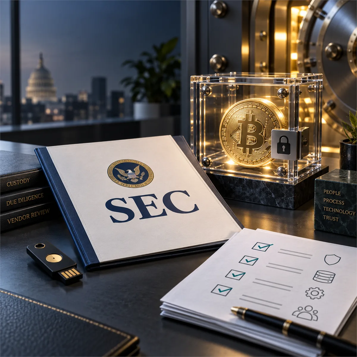 Editorial image of SEC crypto custody controls, digital asset keys, and vendor evidence documents on a financial services desk.