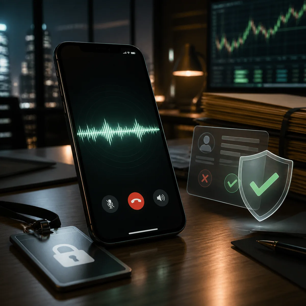 A business phone call under verification review with access controls and financial records in the background.