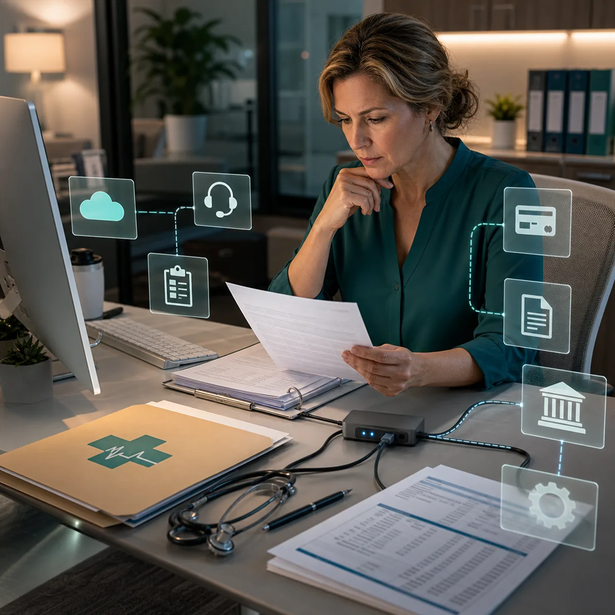 Healthcare practice owner reviewing vendor risk and continuity evidence beside EMR and billing system signals