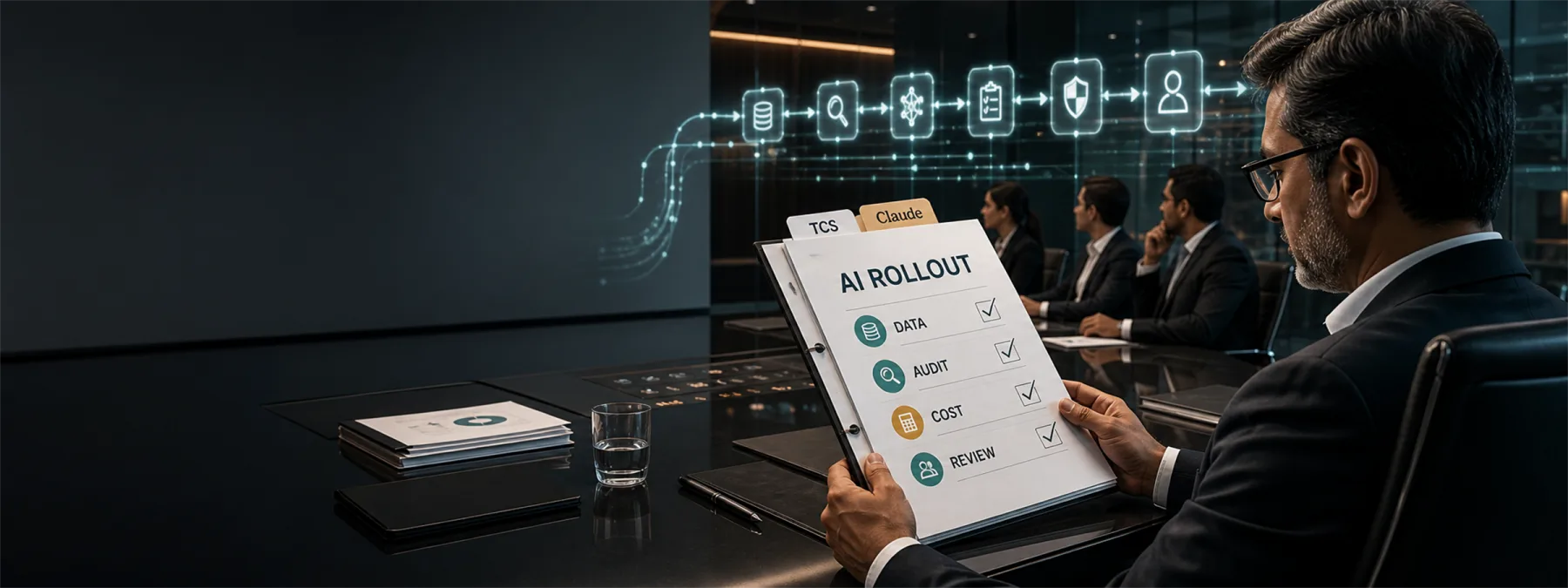 Editorial image of a business owner reviewing an AI rollout approval board with Claude and TCS partnership signals, data controls, audit checks, and vendor accountability.