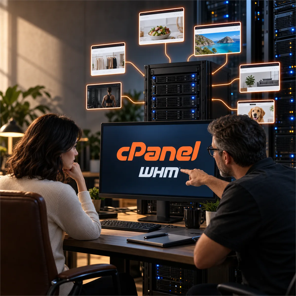 Editorial image of a business website hosting control panel review with cPanel and WHM signals, shared server hardware, and patch evidence.