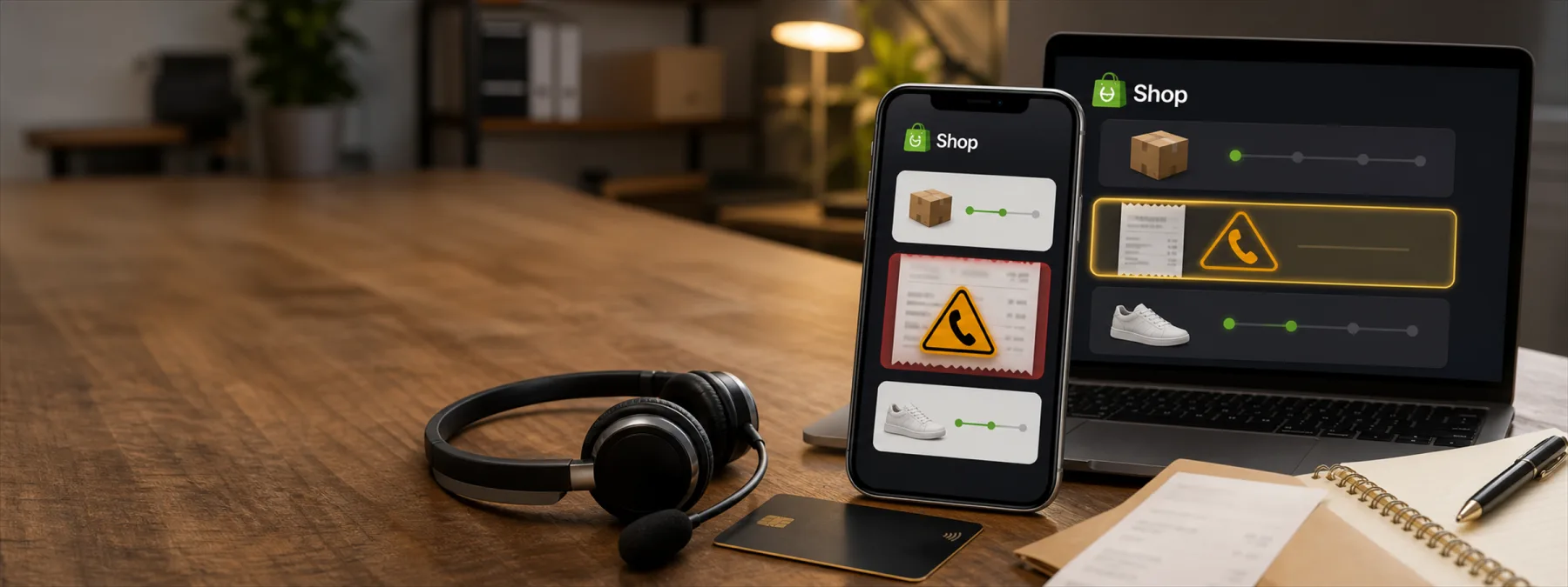 A fake mobile shopping receipt with a warning phone call indicator, representing callback phishing through trusted order-tracking apps.