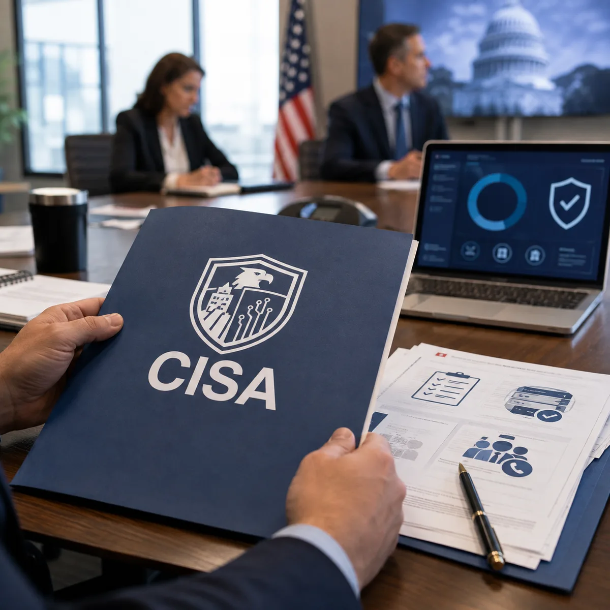 Editorial image showing a business resilience review document beside a CISA-labeled assessment folder and cybersecurity planning artifacts.