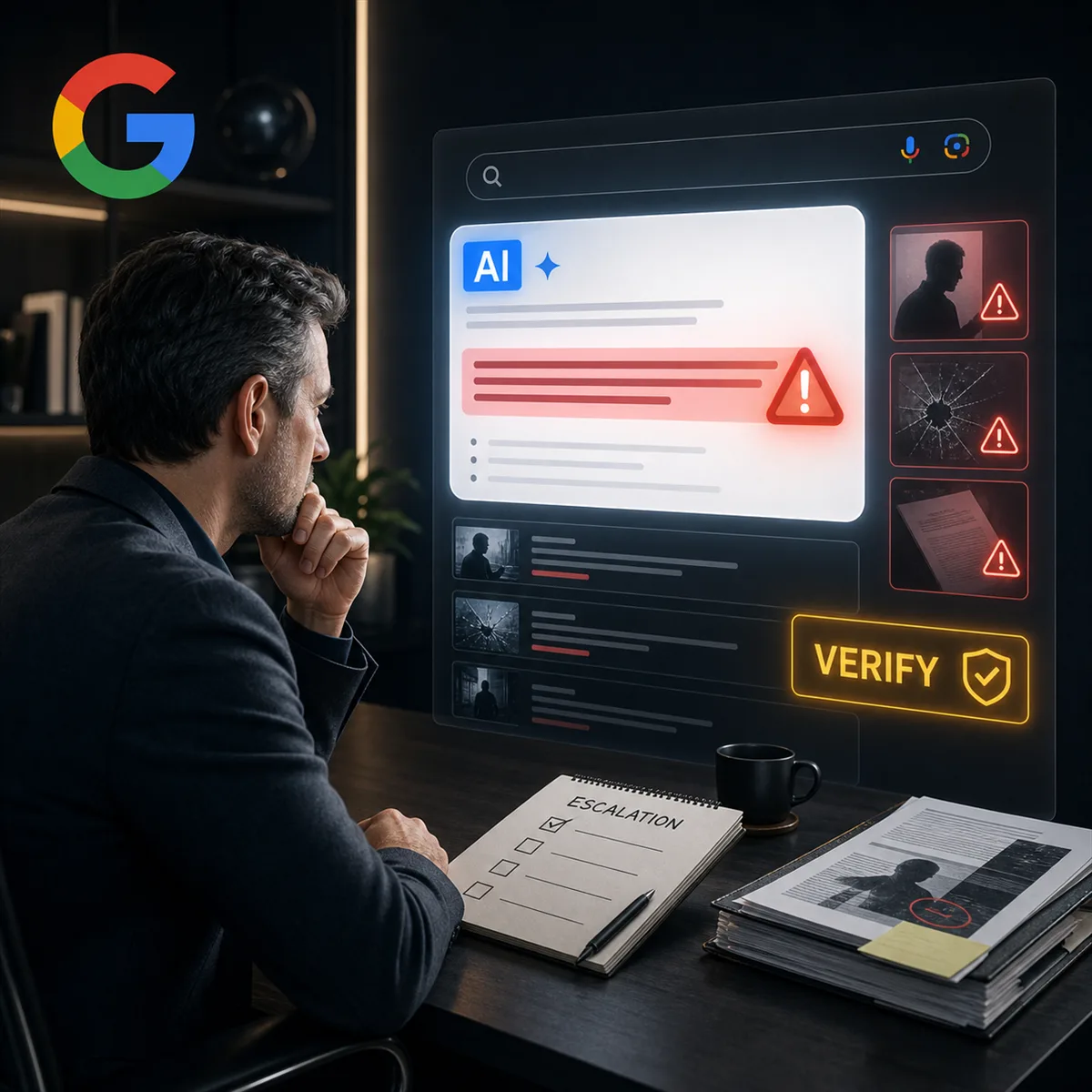 Editorial image showing a business owner reviewing an AI-generated search result warning and reputation response checklist.