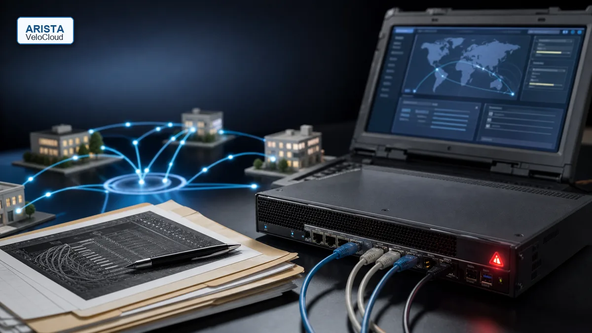Editorial image of an SD-WAN network control plane under review after an Arista VeloCloud security warning.