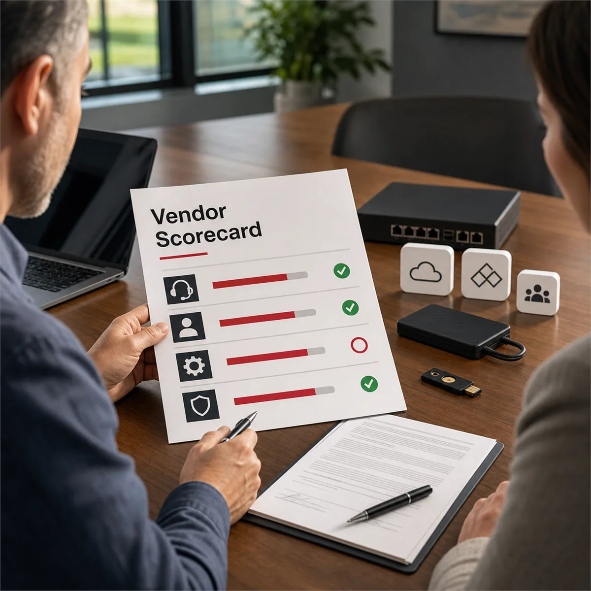 Editorial illustration of a business owner reviewing IT vendor support scores, contracts, cloud services, network security, and recovery plans with an advisor