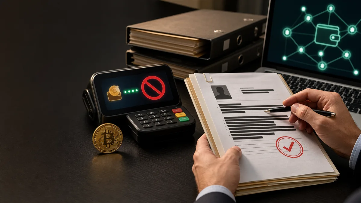 Editorial image about crypto sanctions risk, payment approvals, sanctions screening, and business vendor review.