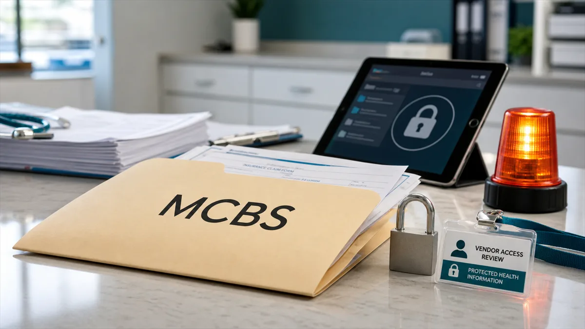 Editorial image of a medical billing vendor records review with healthcare data, invoices, and secure access controls.