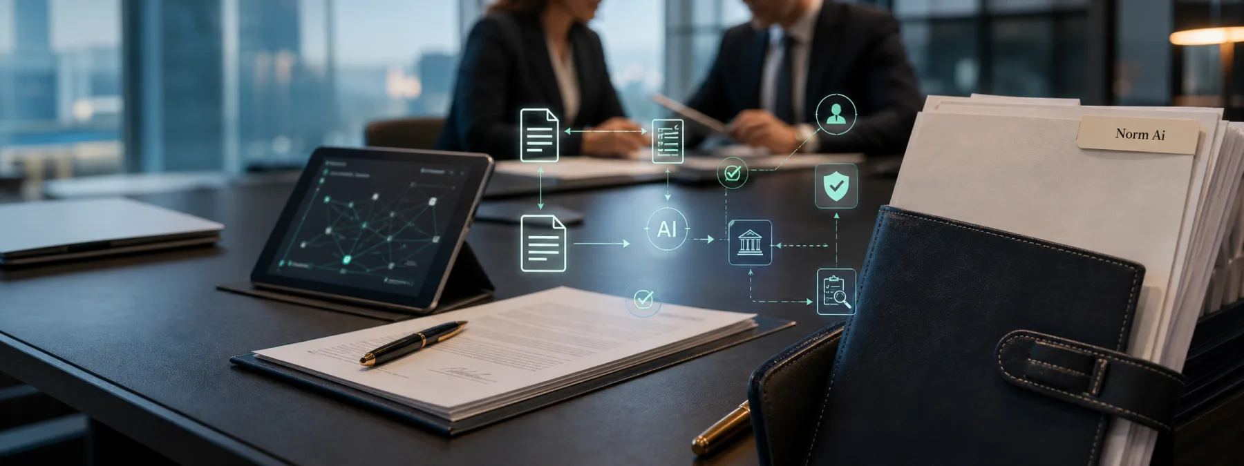 Editorial image about AI legal services, compliance review, attorney supervision, and vendor accountability.