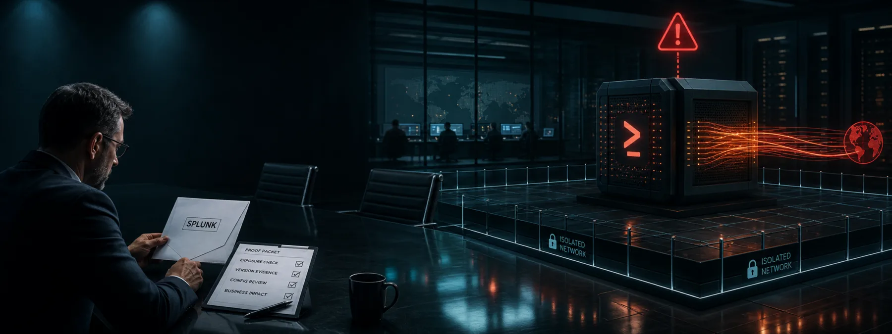 Editorial image of a business owner reviewing Splunk monitoring platform exposure and version proof.