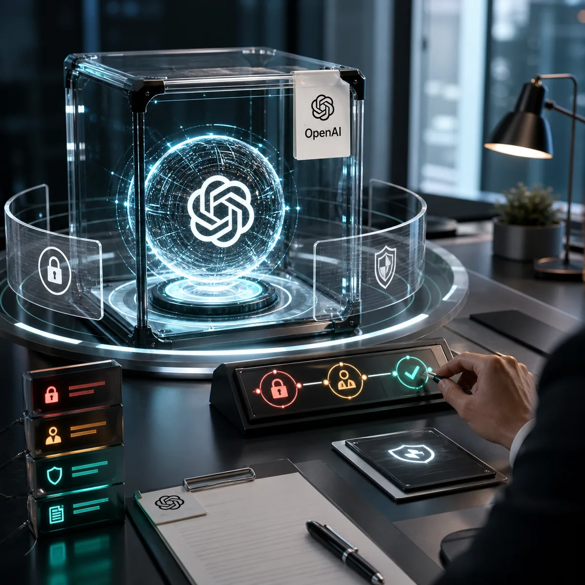 Editorial image of OpenAI Astra cyber-capable AI agent access controls with human review gates, logs, and business security oversight.