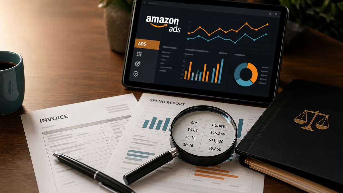 Editorial image of Amazon Ads campaign spend under business review with invoices, click-cost metrics, and advertising controls.